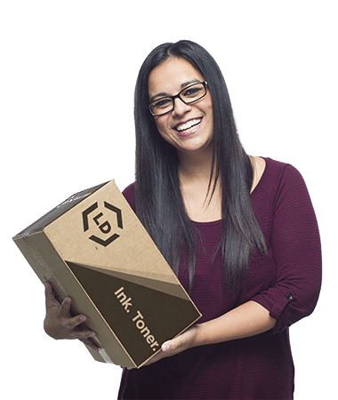 Freindly smiling girl is holding an LD-branded box